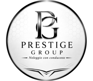Circular chrome-bordered logo for Prestige Group car rental with driver, featuring a stylized 'PG' monogram and Italian motto 'Noleggio con conducente'.